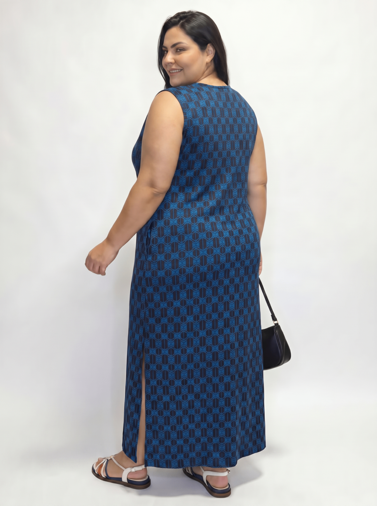 Vestido Azura midi estampado sem manga plus size azul - costas