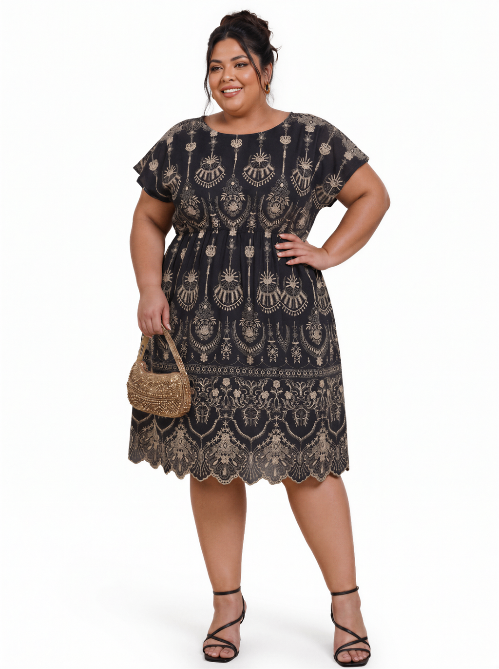Vestido Ornato curto estampado plus size - frente